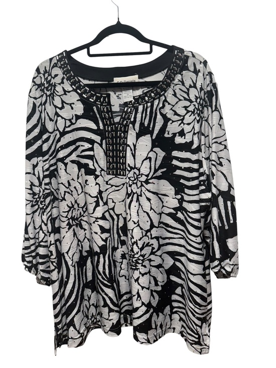 C. D. Daniels Tops - Black & White Floral-Print Tunic with Embellished Keyhole
